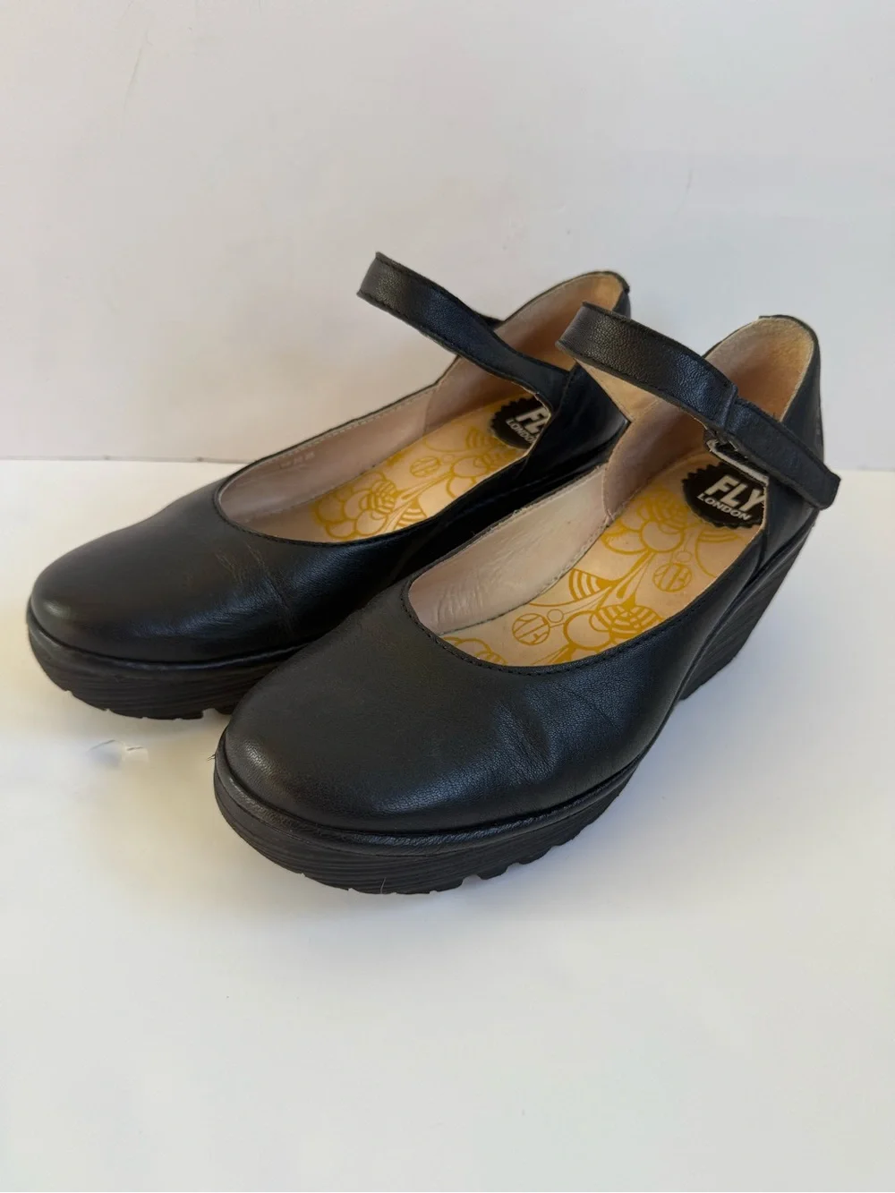 Fly London Black Leather Mary Jane Wedge Shoes Platform Pumps Comfort 7.5 / 38